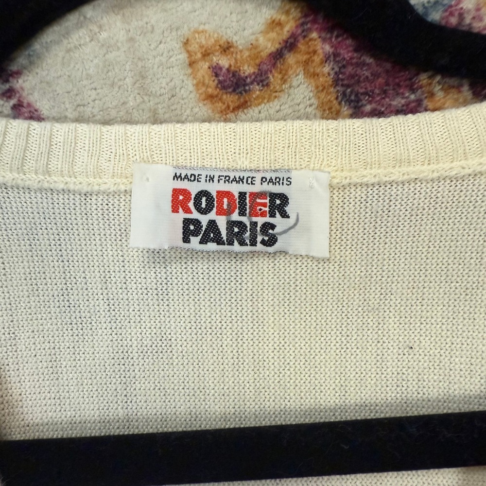 RODIER PARIS Wool Blend Knit Sweater V Neck Dolman Sleeve Cream Red Navy Stripes - Picture 3 of 6